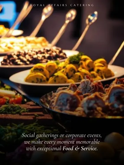 Whether it's a social gathering or a corporate event, I make every moment memorable with exceptional food. This close-up shows a variety of dishes on a buffet line, ready for guests to enjoy.