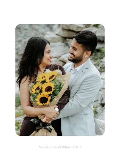 A beautifully framed portrait of the couple embracing, the bride holding sunflowers, with a simple, elegant caption below.