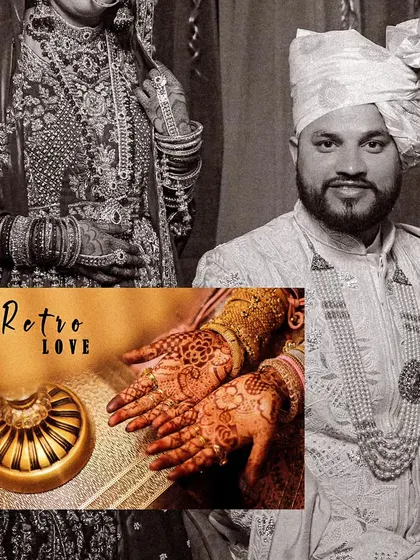 A creative collage with a retro feel, showcasing the groom and the intricate henna on the bride's hands. We love adding an artistic touch to our wedding albums.