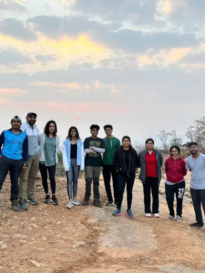 Another group shot from the Kabbaldurga sunrise trek. Sharing the challenge of an early morning hike is a powerful bonding experience.