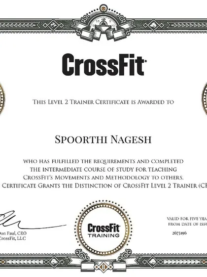 The official CrossFit Level 2 Trainer Certificate awarded to our coach. This intermediate course focuses on advanced methodology for teaching CrossFit movements.
