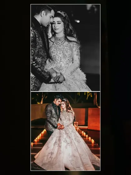 This collage features both color and black and white portraits of the couple, sharing an intimate moment on the candle-lit bridge. It highlights the romance and drama of their reception.