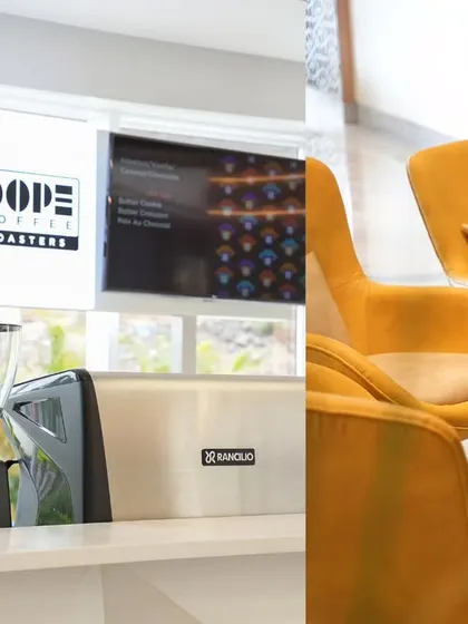 This split view captures the functional and aesthetic details of the Dope Coffee Roasters bar area. It shows both the professional-grade equipment and the stylish yellow armchairs in the waiting area, telling a complete story of the customer experience through commercial photography.