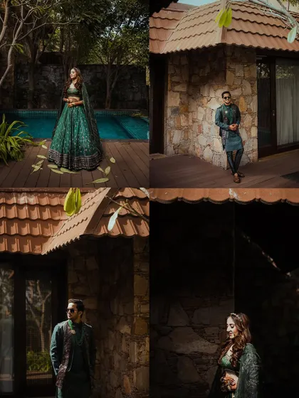 A four-panel collage showing individual portraits of the bride and groom in a resort setting, featuring a poolside shot and moody portraits against a stone wall.