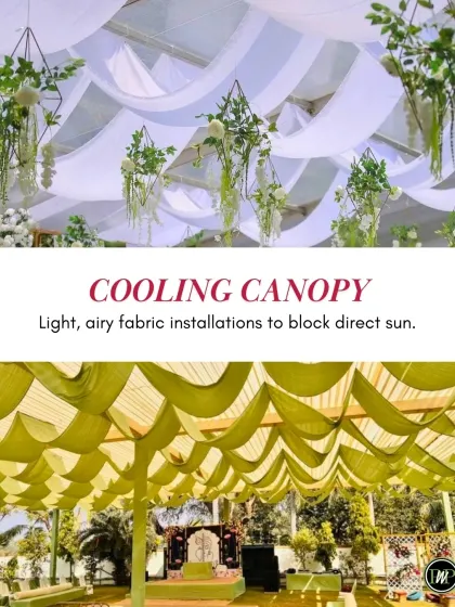 For outdoor daytime events, we use light, airy fabric canopies to provide cooling shade without blocking the natural light.
