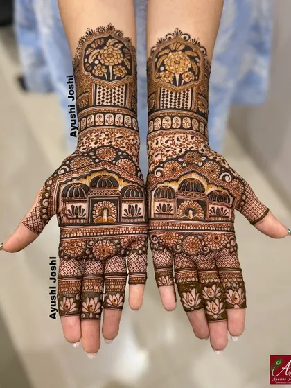 The full view of an Indian floral design, combining palace architecture with bold flower motifs for a unique and stunning look.