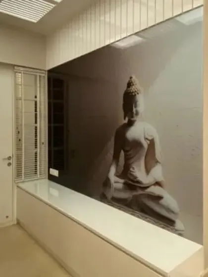 A serene Buddha mural brings a sense of calm and mindfulness to this entryway, welcoming guests with peace and tranquility.