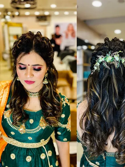 A complete party look with a focus on the hairstyle. This collage shows a beautiful half-up, half-down style with curls and floral accessories.