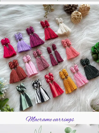 A vibrant assortment of my classic macrame tassel earrings. I offer these in a huge range of colors, from deep jewel tones and earthy shades to bright pinks and multi-color combinations, so you can find the perfect pair for any occasion.