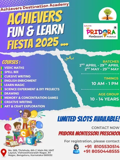 Our summer camp at Pridora Montessori Preschool in RT Nagar, Bangalore, offers two batches for kids aged 10-14. This poster details the courses, including Vedic Maths, Spell Bee, and creative writing.