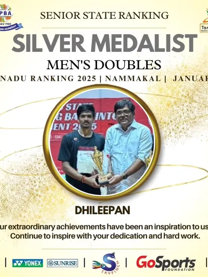 Dhileepan securing a Silver medal in Men's Doubles at the Tamil Nadu Senior State Ranking in Namakkal.