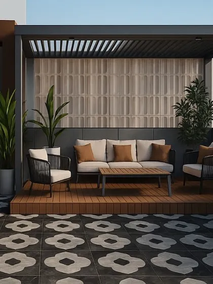 A different angle of the Punjabi Bagh terrace, showing the spiral staircase access and the clean lines of the pergola. The design balances hardscaping with soft, green elements.