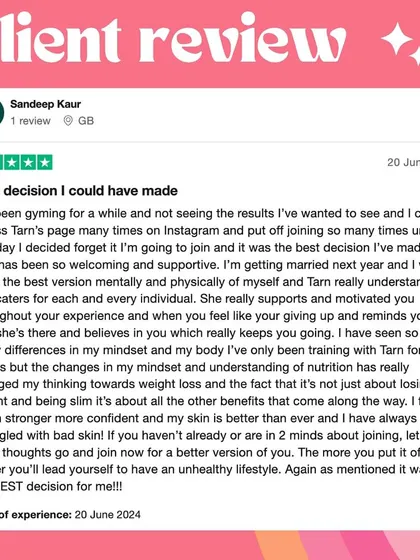 A 5-star review from Sandeep: "I've been gyming for a while and not seeing the results... I came across Tarn's page many times and put off joining... it was the best decision I've made!!!"