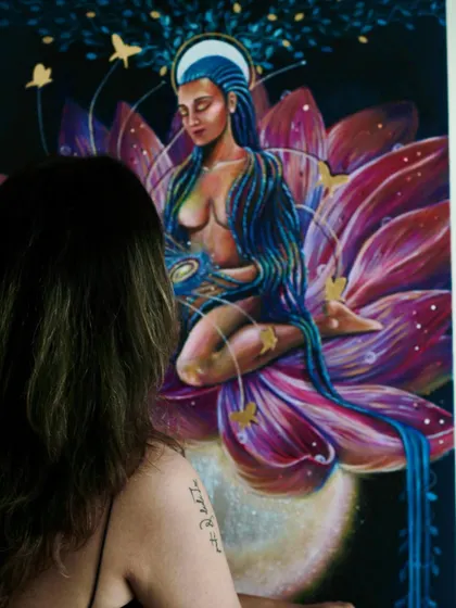 Reflecting on the completed piece. Each painting is a conversation with myself before it becomes a conversation with the world.
