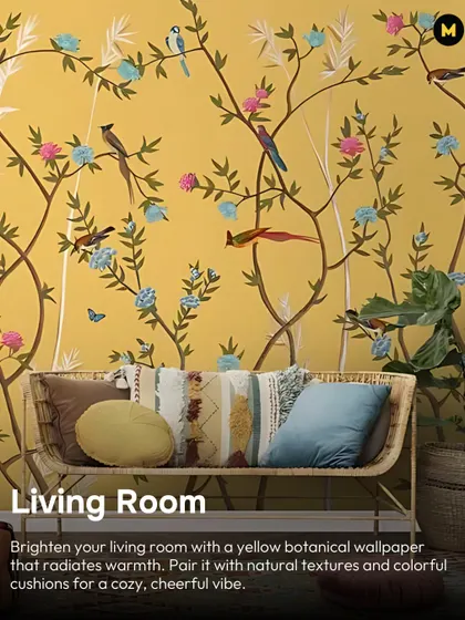 This living room is brightened with a yellow botanical wallpaper that radiates warmth. Paired with natural textures like a rattan sofa and colorful cushions, it creates a cozy, cheerful vibe.