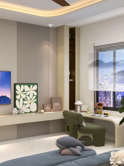 A full view of the functional wall in the kid's bedroom, combining storage, a media unit, and a study desk in one cohesive design.