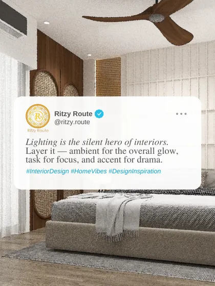Lighting is the silent hero of interiors. This bedroom demonstrates our use of layered lighting, with a stylish wooden fan, ambient ceiling lights, and accent lighting to create a warm and inviting glow.