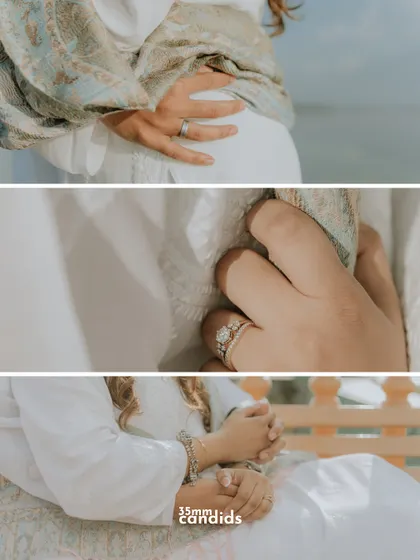 A collage of detail shots from a pre-wedding shoot, focusing on hands, rings, and gentle touches that tell a story of connection.