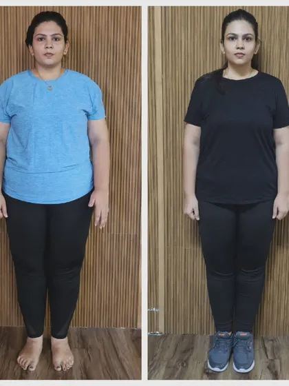 A full-body before and after shot, clearly showing the significant fat loss and change in body composition from size XXL to L.