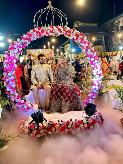 The Crown Entry in full effect, complete with low fog. This combination of the decorative rental and special effects creates a truly memorable experience for the couple and their guests.