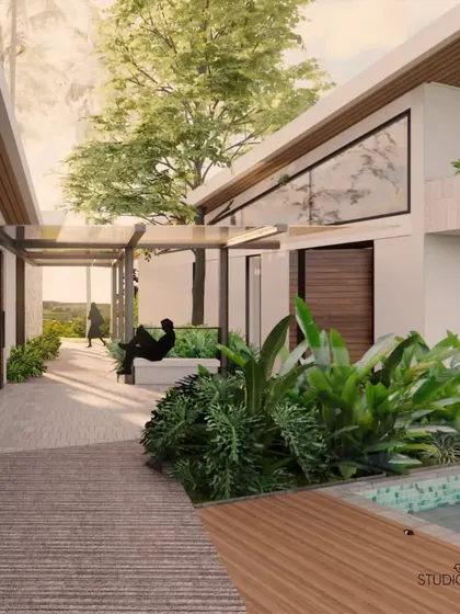 The design comprises three distinct but connected zones: the main residence, a parent’s residence, and a garage. A central forecourt and covered walkway bind the structures together, creating a cohesive family compound.