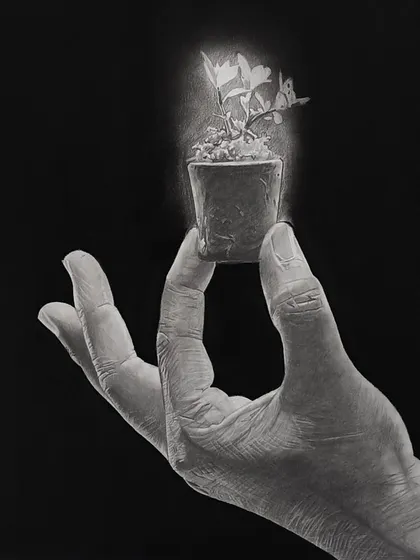 A close-up of the "Earth" drawing. The tiny plant is glowing, representing hope and new beginnings.