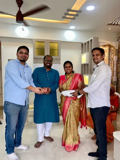 A proud moment with the Pakhare family and my team member at their 2BHK housewarming in Lodha Upper Thane. Teamwork and client trust are the foundation of every successful project.