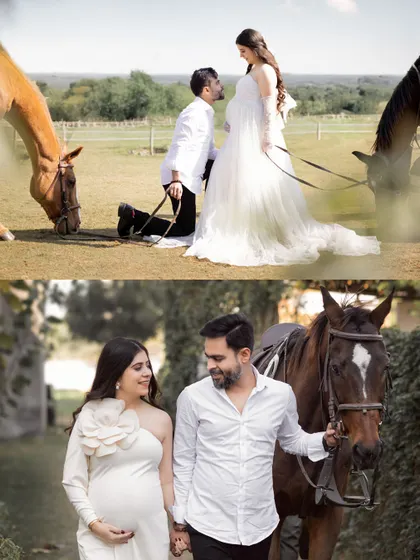 A collage of romantic moments from a unique equestrian-themed maternity shoot, showing the couple's loving bond.
