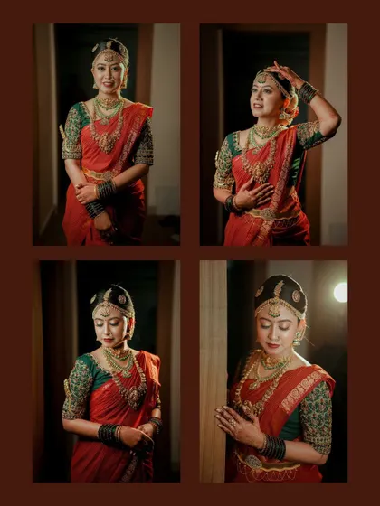 A collage of the bride in her stunning red and green wedding saree, showcasing her beautiful poses.