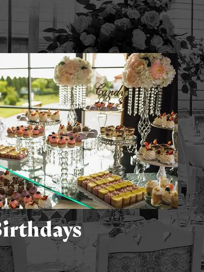 A graphic for birthday celebrations, showing a lavish dessert table.
