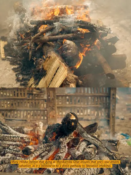 This series of images with text overlays explains the beliefs surrounding Manikarnika Ghat. They detail the path to liberation (moksha), the eternal flames, and Lord Shiva's role in guiding souls.