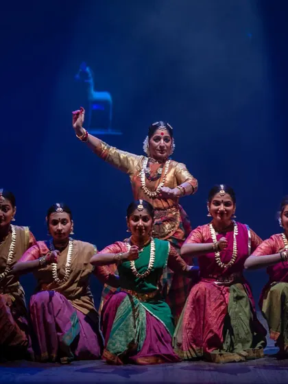 This scene from 'Antariksha Sanchar' depicts Surya, the Sun God, and his celestial horses. We used animation and VFX to bring this mythological imagery to life on stage, creating a bridge between ancient lore and modern tech.