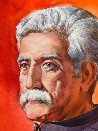 A close up of the Nashik demonstration portrait, showing the details in the face and the expressive quality of the watercolour.