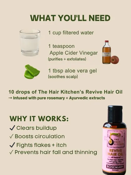 This image is part of a DIY recipe for a Rosemary Scalp Detox Spray. It shows you the simple, natural ingredients needed: water, apple cider vinegar, aloe vera gel, and a few drops of my Revive Hair Oil to clear buildup and fight flakes.