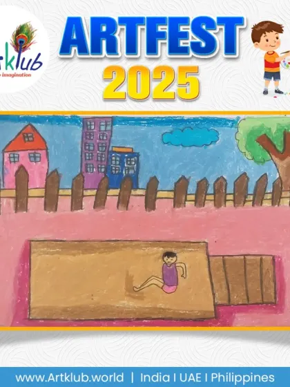A junior artist's drawing of a person on a swing set in a sandbox. The urban background with buildings provides a nice contrast to the playground scene.