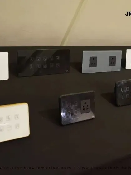 This display showcases the variety within our JR Automation touch panel collection. From compact two-module switches to larger twelve-module control centers, we have a solution in multiple finishes like black, white, and grey to fit any requirement and aesthetic.