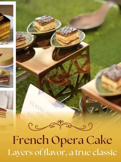 Our classic French Opera Cake, featuring layers of flavor and elegant presentation. This dessert adds a touch of European sophistication to any event menu.