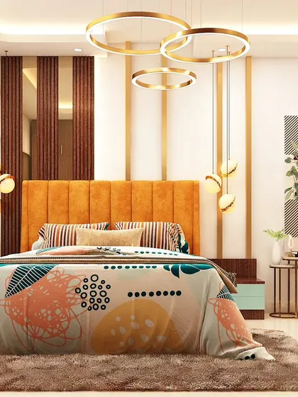 This bedroom showcases a vibrant and artistic personality. The bright orange headboard is set against a backdrop of wood and metallic panels, complemented by abstract art and a colorful duvet for a truly unique space.