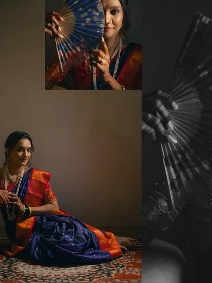 An artistic collage featuring the bride with a traditional fan. The play of light and shadow, combined with black and white images, adds a vintage and mysterious charm to her portrait.