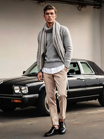 A repeat of the smart-casual layered look, this image reinforces the theme of timeless style. It can be used in a lookbook to show variations or as a key image for the collection's mood.