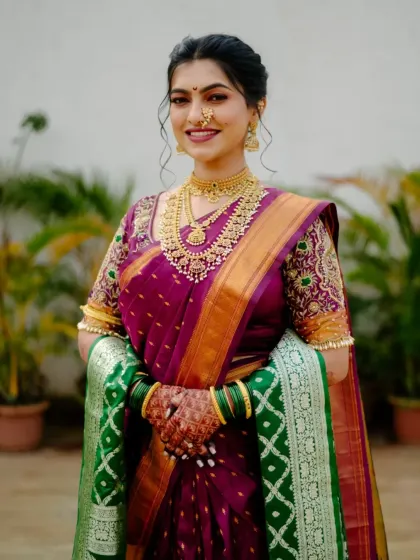 A portrait of a radiant Maharashtrian bride. I take care to capture the elegance of the bridal attire, from the rich Paithani saree to the intricate traditional jewellery.