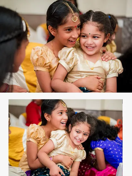 The sweet bond between sisters, captured in a candid moment at a family ceremony. Their smiles and embrace are heartwarming.