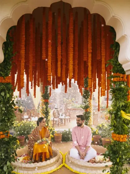 A beautiful, traditional Haldi ceremony in progress. The couple is seated in large brass urlis, under a canopy of hanging marigold garlands, creating a classic and timeless scene.