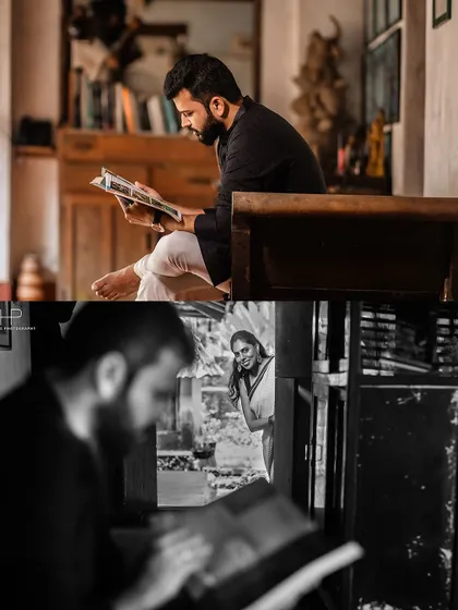 A playful and creative two-panel shot in a heritage home. The groom is reading while the bride peeks at him from a doorway, telling a sweet, candid story.