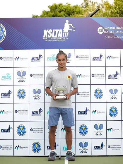 Sehaj posing with his singles winner trophy at the KSLTA ITF World Junior Tennis Tour J30 event in Bengaluru.
