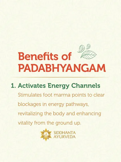 Padabhyangam, or Ayurvedic foot massage, begins by activating vital energy channels. I stimulate marma points in the feet to clear blockages and enhance vitality from the ground up.