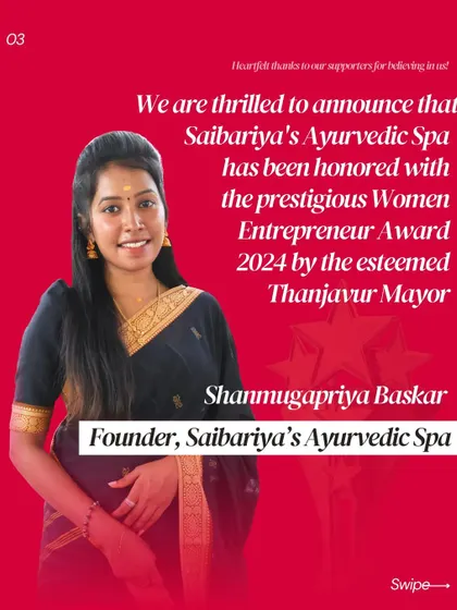 I am thrilled to announce that SaiBariya's Ayurvedic Spa has been honored with the prestigious Women Entrepreneur Award 2024. This is a proud moment for our entire team.