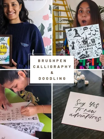 A collage featuring brush pen calligraphy and doodling. These workshops are perfect for anyone who loves lettering and illustration.