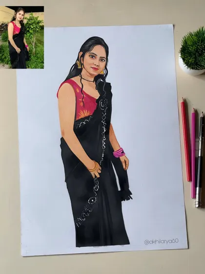 A full-length portrait of a woman in a simple yet elegant black saree. This A3 colored pencil drawing shows how I handle poses and full-body compositions.