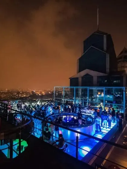 A wide-angle shot showing the scale of the party at Skyye. It's an amazing venue to play at.